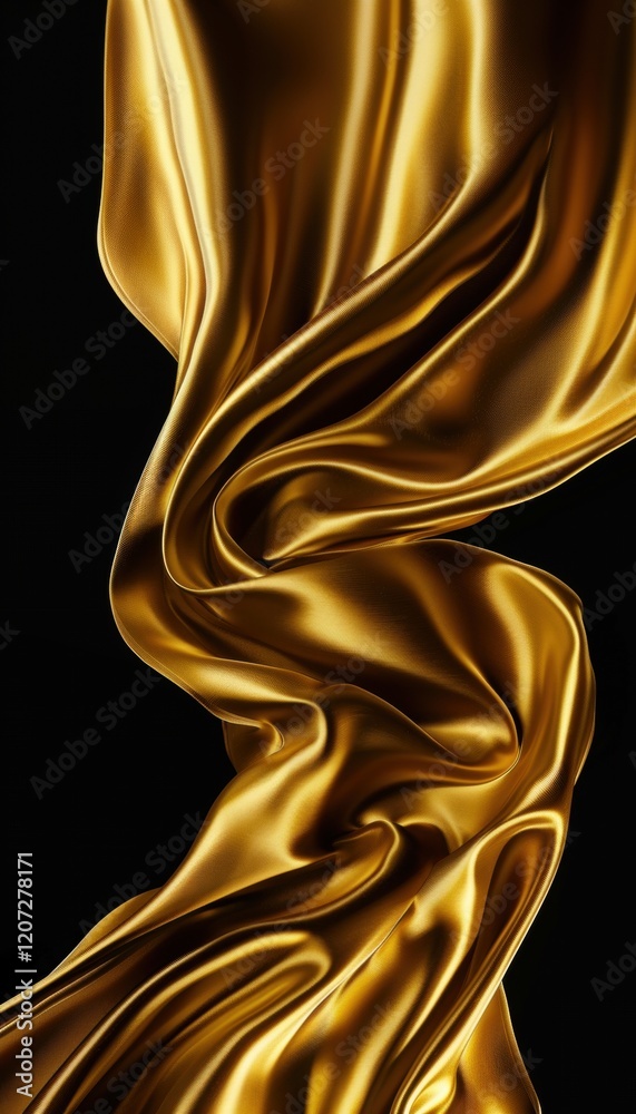 Golden silk drapery textile with black background. Luxurious golden silk fabric with smooth, flowing texture against a dark background. Gold Rich dynamic, flowing folds, elegant abstract design Golden silk drapery textile with black background. Luxurious golden silk fabric with smooth, flowing texture against a dark background. Gold Rich dynamic, flowing folds, elegant abstract design