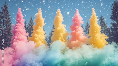 Colorful smoke trees rise against a starry sky photo