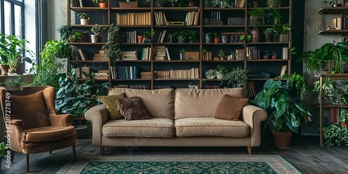 Sofa in a boho style, with lots of plants and bookshelves around it. The sofa is a beige color, and the room has a wooden floor and walls decorated with a dark green patterned carpet. 