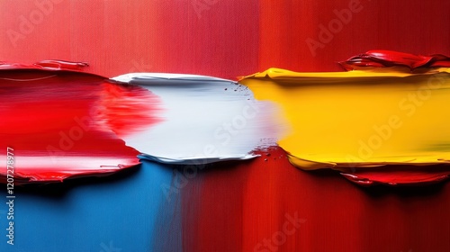 A captivating interaction of red, white, and yellow paint creates a smooth transition effect, symbolizing a blend of emotions and artistic storytelling on canvas. photo