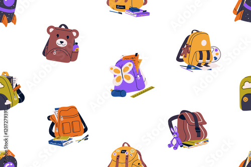 Repeatable pattern of kids backpacks with stationeries. Endless background with different school bags, cute schoolbags, children's rucksacks, schoolkids' knapsacks. Flat seamless vector illustration