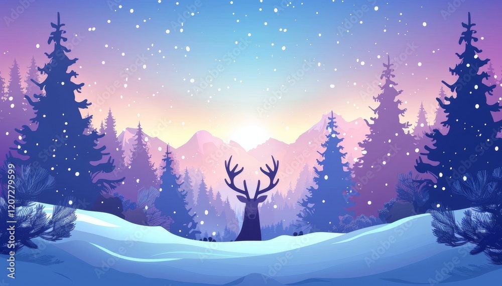 A lone deer stands in a snowy forest with a mountain range and sunrise in the background. A lone deer stands in a snowy forest with a mountain range and sunrise in the background.