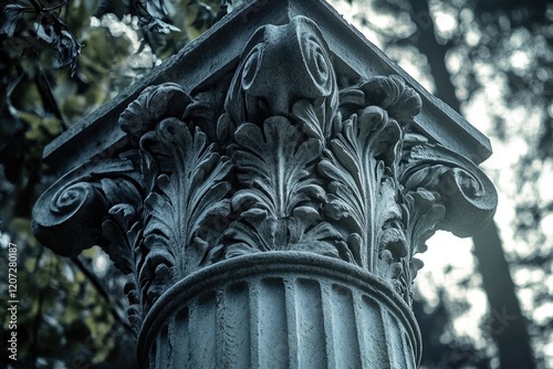 Intricate stone column capital with acanthus leaf carvings, detailed and weathered. photo