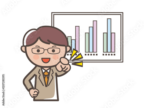 プレゼン中に指差す眼鏡をかけた男性ビジネスマンのイラスト_2