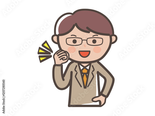 小さくガッツポーズを決める眼鏡をかけた男性ビジネスマンのイラスト