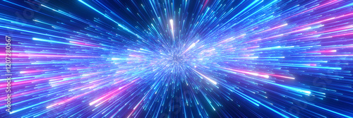 Abstract background in blue and purple neon glow colors. Speed of light in galaxy. Explosion in universe. Space background for event, party, carnival, celebration, anniversary or other. 3D rendering.
