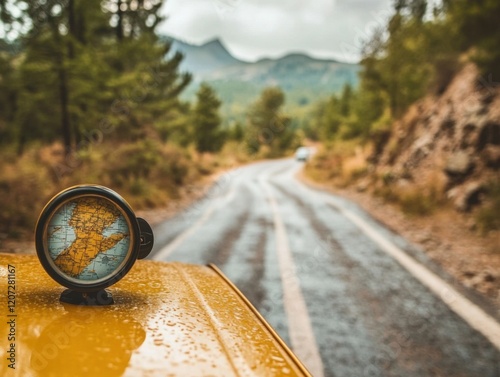 Scenic roadside view with a map on a rainy day adventure. photo