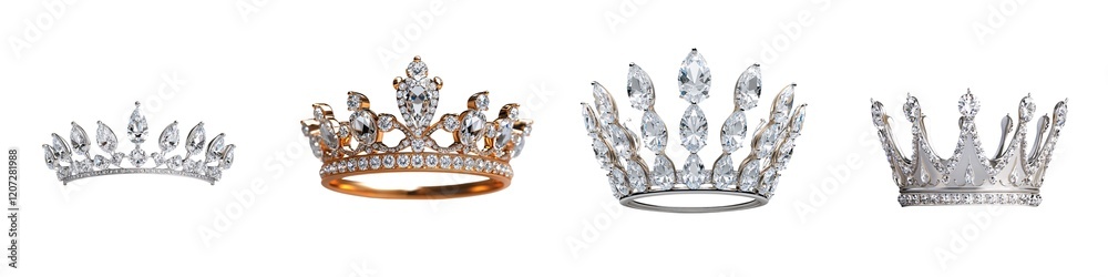 Elegant isolated collection. Various elegant crowns displayed in a row, showcasing intricate designs and sparkling embellishments in gold and silver tones.