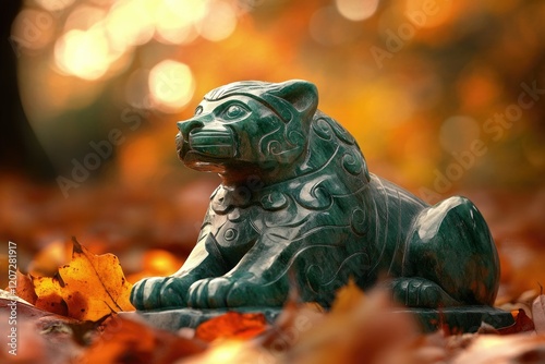 Jade Foo Dog statue sits amidst autumn leaves, showcasing intricate carvings and a serene autumnal backdrop. photo