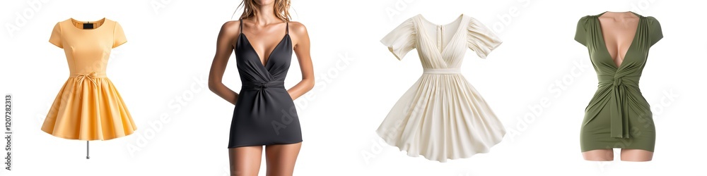 Fototapeta premium Elegant isolated collection. Four stylish dresses displayed in a row, featuring diverse colors and designs suitable for various occasions.