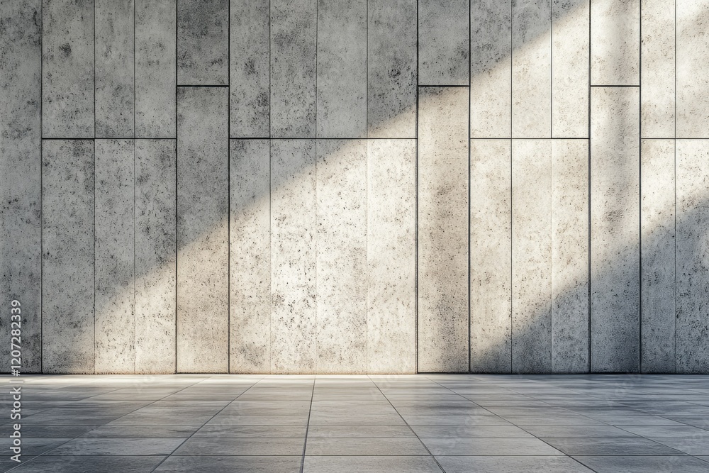 Sunlit minimalist concrete wall and tiled floor; modern, clean design. Sunlit minimalist concrete wall and tiled floor; modern, clean design.