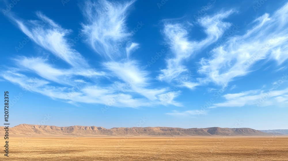 Vast Desert Landscape with Expansive Blue Sky and Wispy Clouds Over Mountains, Ideal for Travel, Nature, and Adventure Themes in Stock Photography Collection Vast Desert Landscape with Expansive Blue Sky and Wispy Clouds Over Mountains, Ideal for Travel, Nature, and Adventure Themes in Stock Photography Collection
