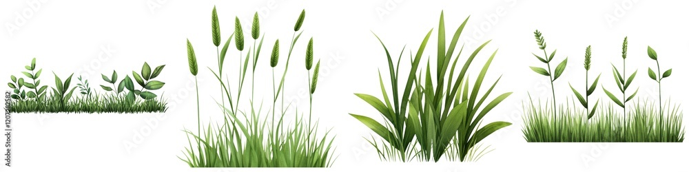 A collection of various green grass and plant illustrations, showcasing different textures and shapes. A collection of various green grass and plant illustrations, showcasing different textures and shapes.