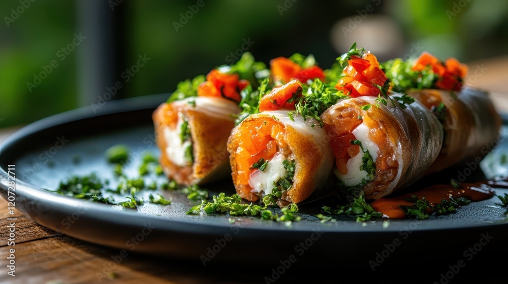 A close-up view of beautifully crafted rice rolls filled with vegetables and creamy cheese, garnished with herbs and sauce, visualizing culinary artistry and flavor. A close-up view of beautifully crafted rice rolls filled with vegetables and creamy cheese, garnished with herbs and sauce, visualizing culinary artistry and flavor.