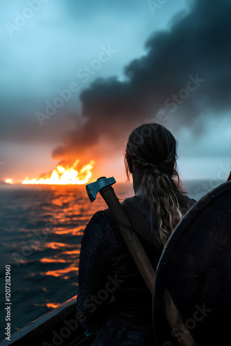 A Viking shieldmaiden standing on the deck of a ship, her axe resting on her shoulder as the distant shore burns in the night. photo