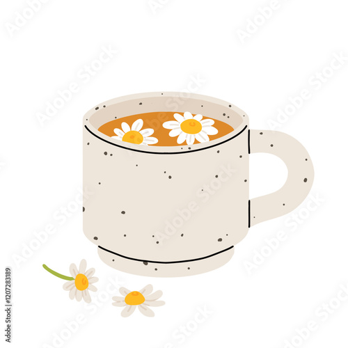 Mug of herbal tea among the chamomile flowers. Composition for tea packaging design. Suitable for tea shop, drinks menu, baking, candy and sweets, health care products. Flat Art Vector illustration