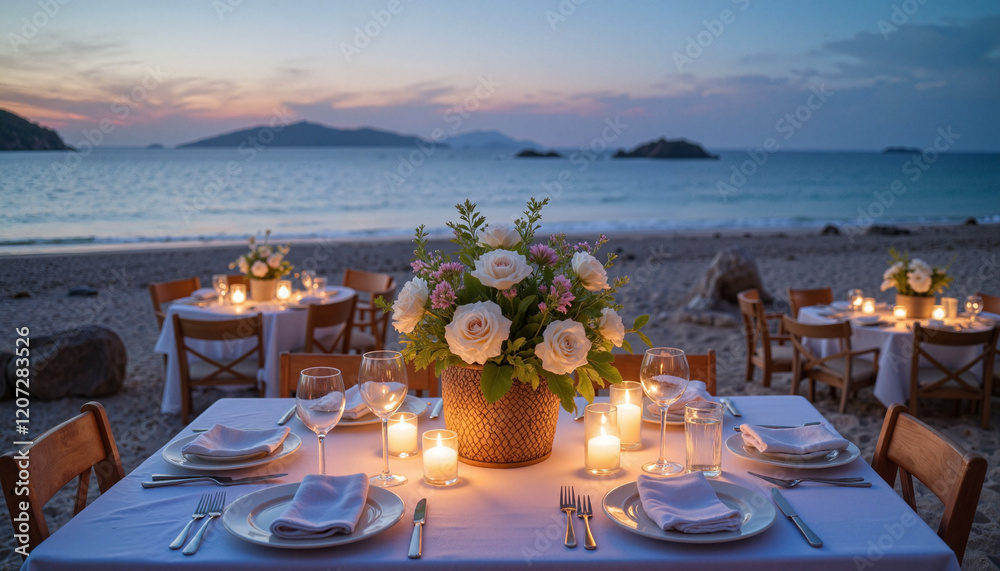 Fototapeta premium Intimate beachside dinner setup with candles and flowers, romantic ambiance