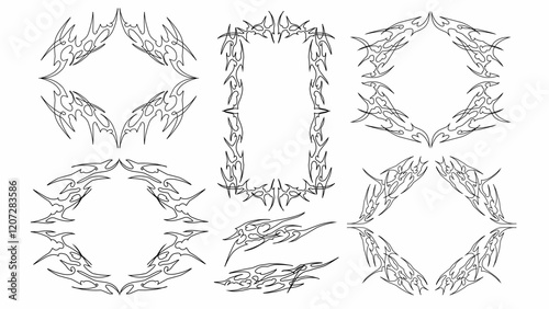 set of tribal frames vector design. Line art Symmetrical gothic style shape with Sharp and stiff touch, hand drawn abstract borders. Cyber sigilism black white design decoration