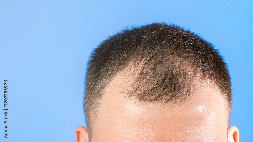 Obraz premium A man with a shaved head is looking at the camera. Concept of confidence and self-assurance, as the man's bald head is a symbol of his strength and independence