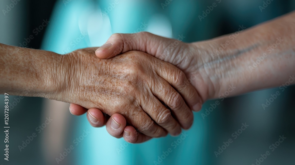 Fototapeta premium Two hands engage in a firm handshake, symbolizing trust and cooperation, as they connect in a soft-lit, professional atmosphere that signifies partnership and respect.