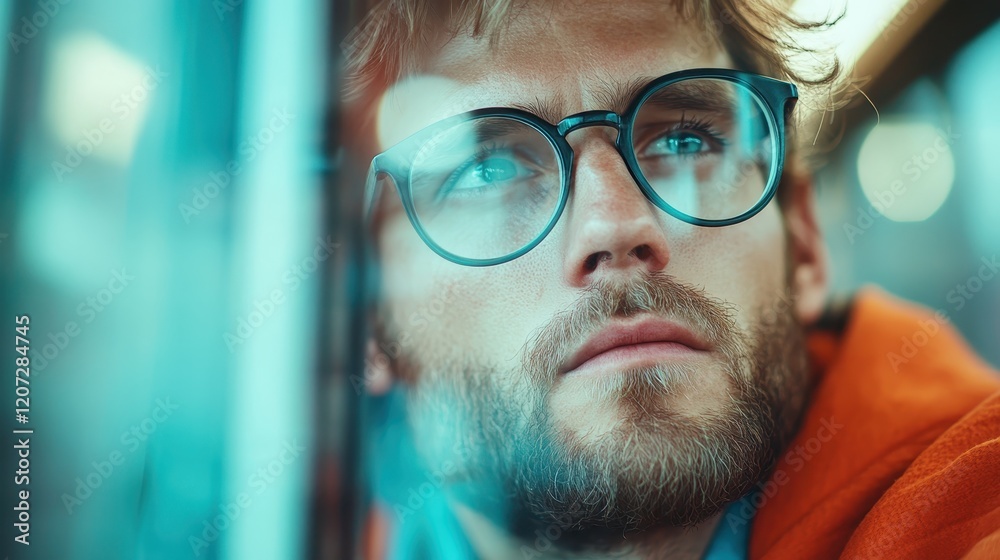 A man in glasses gazes thoughtfully out the window of a subway train, capturing a moment of introspection and curiosity in the fast-paced urban environment. A man in glasses gazes thoughtfully out the window of a subway train, capturing a moment of introspection and curiosity in the fast-paced urban environment.