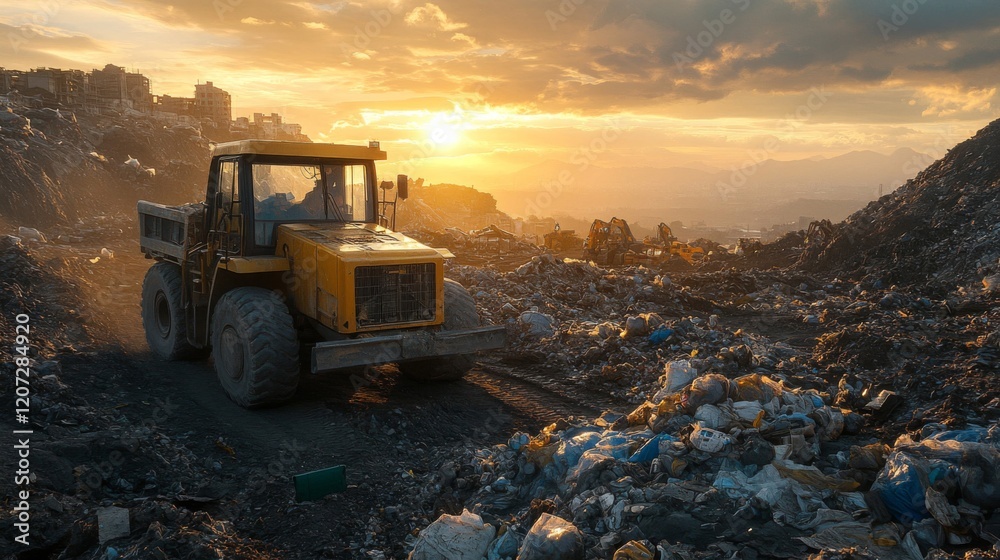Heavy machinery at work during sunset in a landfill Heavy machinery at work during sunset in a landfill