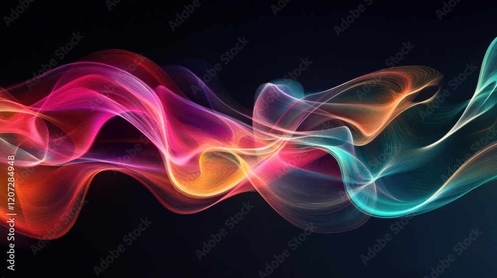 Obraz premium A modern holographic design with rippling multicolored waves, where bright neon hues flow harmoniously for a captivating aesthetic.
