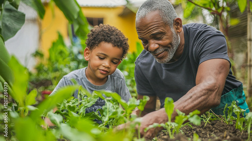 African grandfather and grandson gardening together at community garden - Organic food and education concept - Models by AI generative