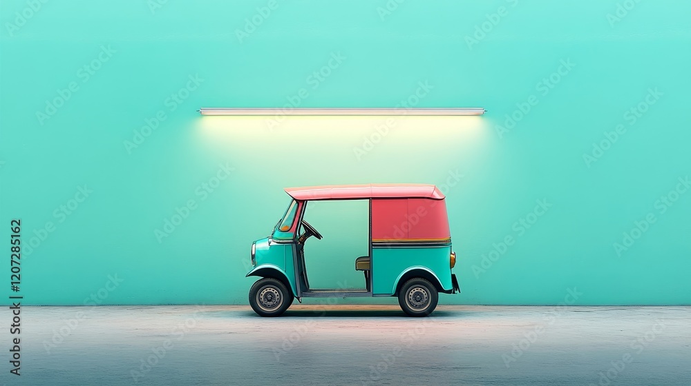 Fototapeta premium Vibrant Tuk-Tuk Against a Bright Teal Background with Minimalist Lighting in an Urban Setting, Showcasing a Modern and Playful Atmosphere for Travel and Adventure Themes