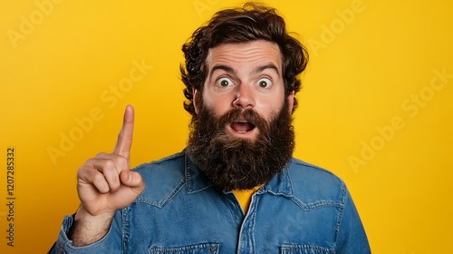 A surprised, bearded man in a denim shirt points upwards, having an idea, against a vibrant yellow background.