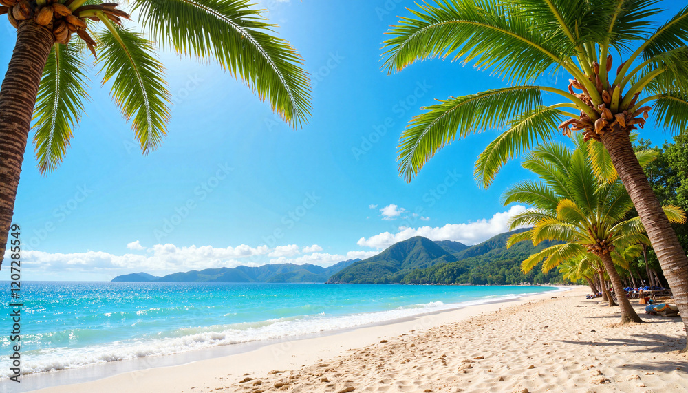 Fototapeta premium Sunny azure coastline with palm trees, tropical paradise