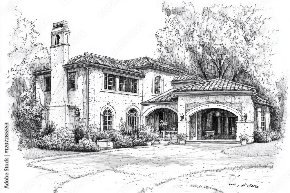 Obraz premium A detailed sketch of a two-story Mediterranean Revival house featuring a tiled roof, arched entrance, and lush landscaping. The design showcases a blend of traditional and modern.