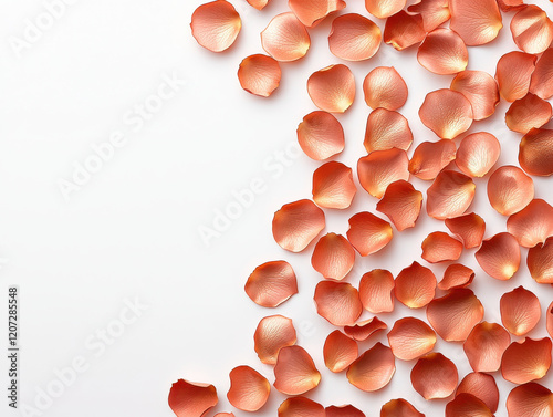 Rose gold petals scattered on white background, creating soft and elegant pattern
