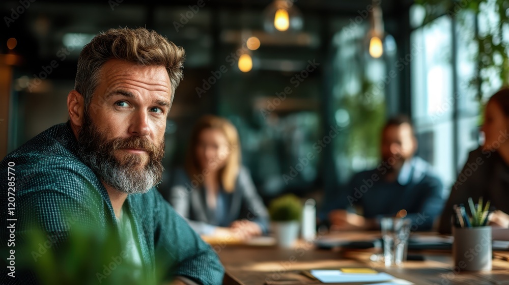 A confident man gives a penetrating gaze amidst a business meeting, radiating assurance as discussions unfold around him, symbolizing leadership and focused engagement. A confident man gives a penetrating gaze amidst a business meeting, radiating assurance as discussions unfold around him, symbolizing leadership and focused engagement.