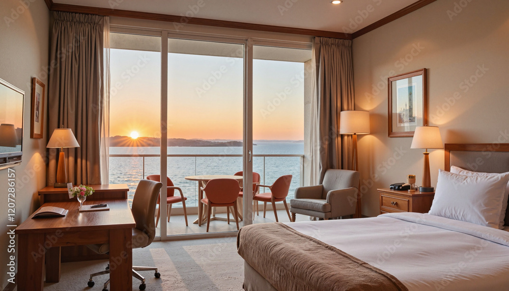 Fototapeta premium Cozy seaside hotel room with sunset view, tranquil getaway