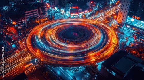 Long exposure aerial view of a circular road in a city at night with vehicle light trails