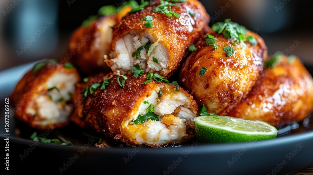 This captivating image showcases crispy chicken rolls garnished with fresh lime, highlighting mouthwatering colors and textures that tempt food lovers and evoke excitement. This captivating image showcases crispy chicken rolls garnished with fresh lime, highlighting mouthwatering colors and textures that tempt food lovers and evoke excitement.