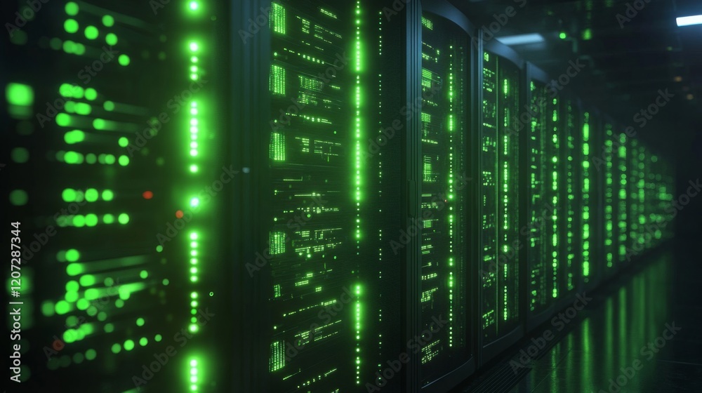 Glowing Green Servers in a Modern Data Center Glowing Green Servers in a Modern Data Center