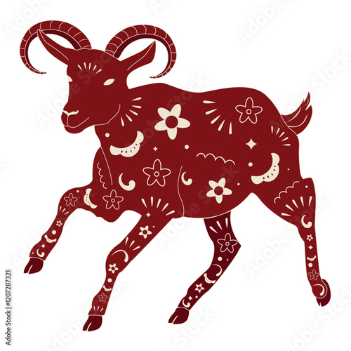 Vector prancing red ornate goat silhouette. New year animal symbol with decorated Chinese ornaments and flowers. Chinese zodiac goat symbol. Goat character