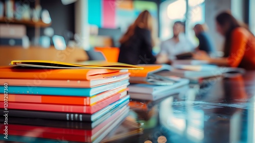 A stack of colorful creative portfolios on a polished table, with a person thoughtfully examining one while others engage in a discussion in the background