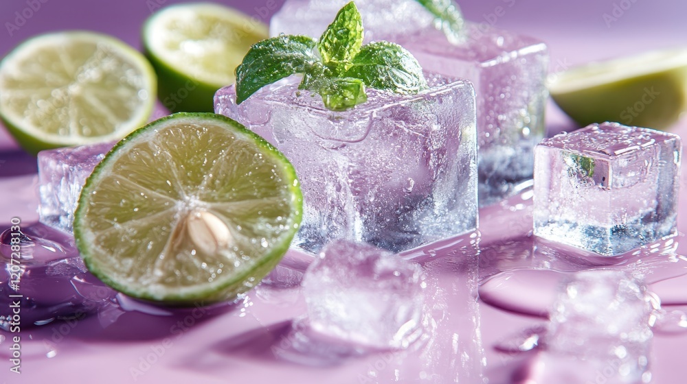 A vibrant composition featuring refreshing lime slices alongside mint leaves and ice cubes, creating a cool, invigorating aura perfect for a thirst-quenching beverage. A vibrant composition featuring refreshing lime slices alongside mint leaves and ice cubes, creating a cool, invigorating aura perfect for a thirst-quenching beverage.