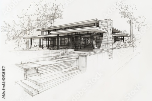 A detailed architectural sketch of a modern Prairie style house featuring large windows, a stone facade, and a landscaped entrance with steps leading up to the porch.