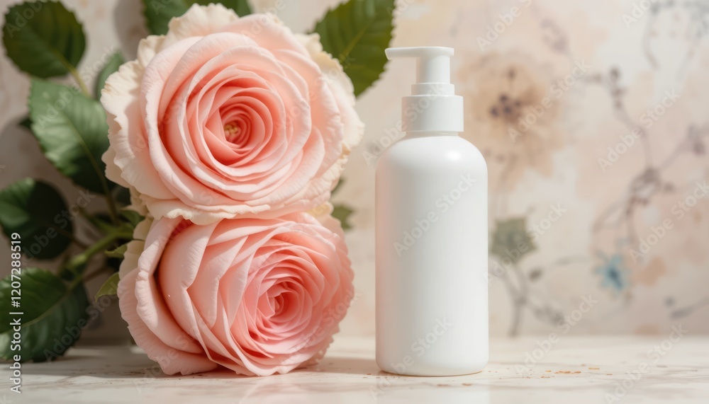 Pink Roses and Blank Lotion Bottle on Marble Pink Roses and Blank Lotion Bottle on Marble