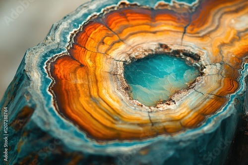 Vibrant gemstone cross-section revealing mesmerizing concentric rings of teal, orange, and brown hues.