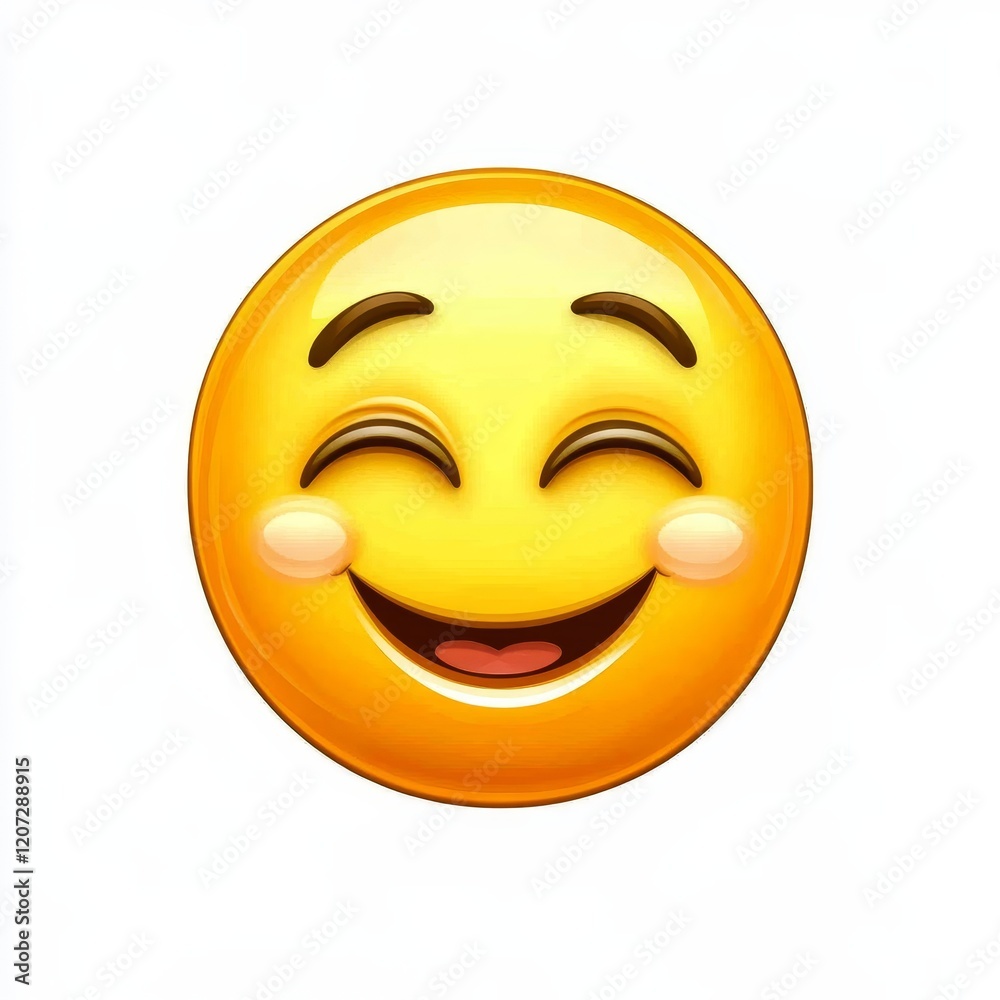 Fototapeta premium Happy smiley emoji with closed eyes and rosy cheeks on a plain white background conveying joy, happiness, and positivity in a cheerful and bright design for digital communication.