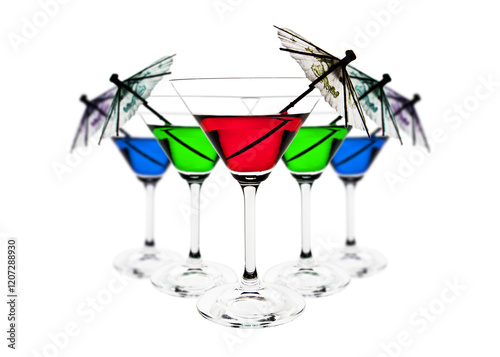 A group of 5 martini glasses filled, in three different colours, red, green and blue with an umbrella in each glass. This first glass is in focus and the others behind it are slightly out of focus.