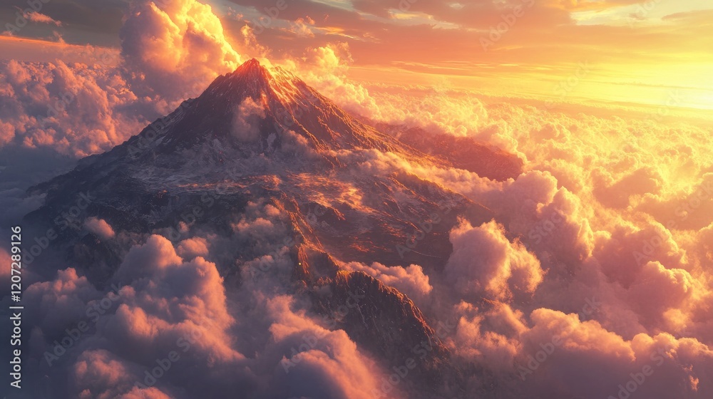 Fototapeta premium Sunset Mountain Peak Aerial View, Cloudscape, Fantasy Background