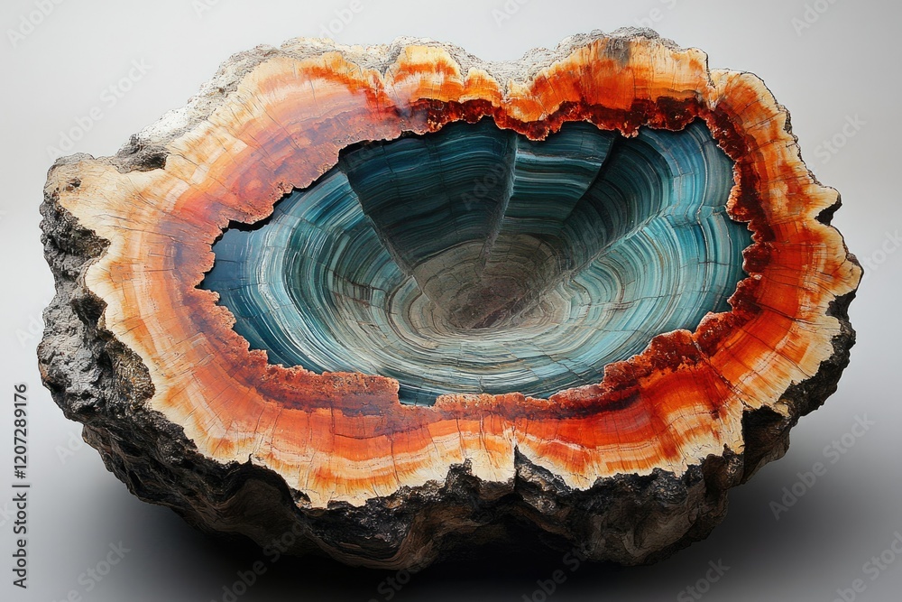 Obraz premium Petrified wood with vibrant orange, teal, and beige rings, showcasing the stunning beauty of fossilized nature.