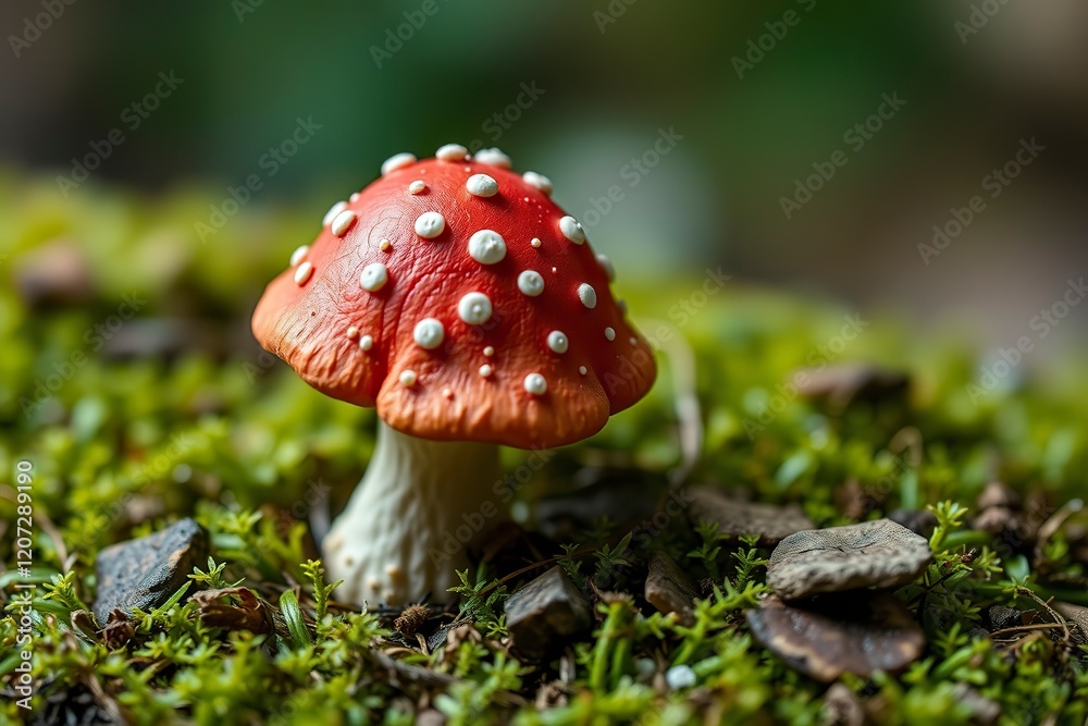 Enchanted Toadstool: A Vibrant Red Mushroom in Mossy Green Enchanted Toadstool: A Vibrant Red Mushroom in Mossy Green