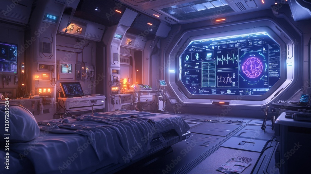 Obraz premium Futuristic spaceship bedroom with glowing control panel and data screen